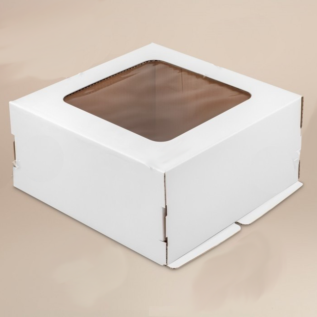 Коробка для торта, (гофрокартон, белая) с окном 220×220×130 мм