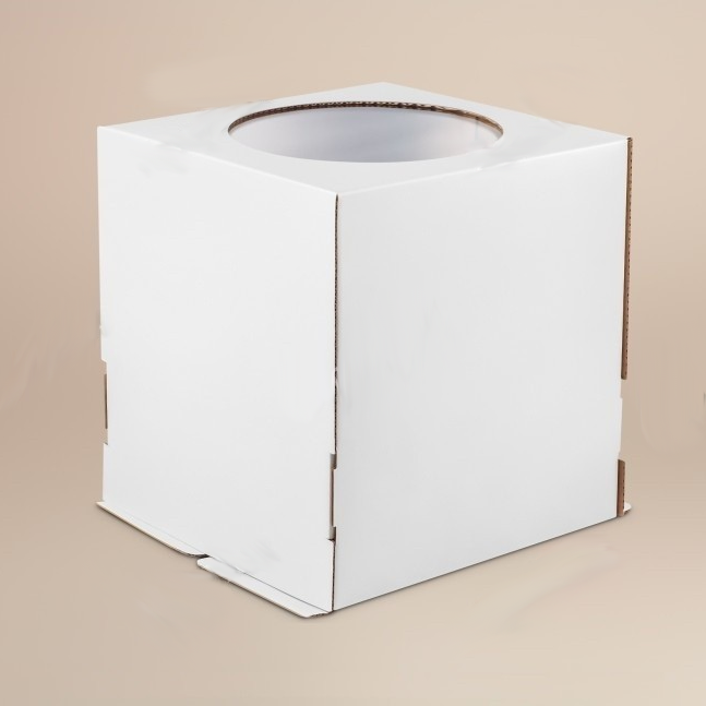 Коробка для торта, (гофрокартон, белая) с окном 220×220×250 мм