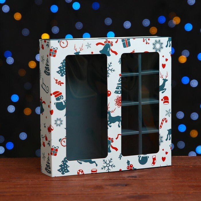 Коробка для конфет, 8 конфет и шоколадка, 17,7 х 17,7 х 3,8 см "Новогоднее настроение"
