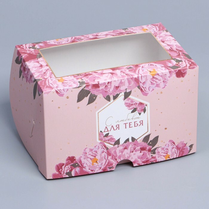 Коробка складная на 2 капкейка с окном «Цветы», 16 х 10 х 10 см