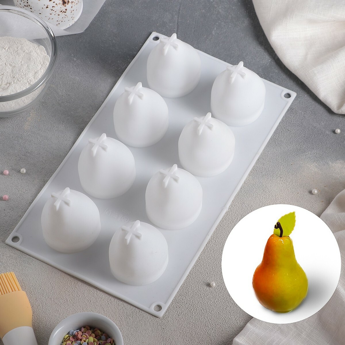 Форма для муссовых десертов и выпечки «Груша», 29.3×17.2 см, 8 ячеек (d=5 см), цвет белый
