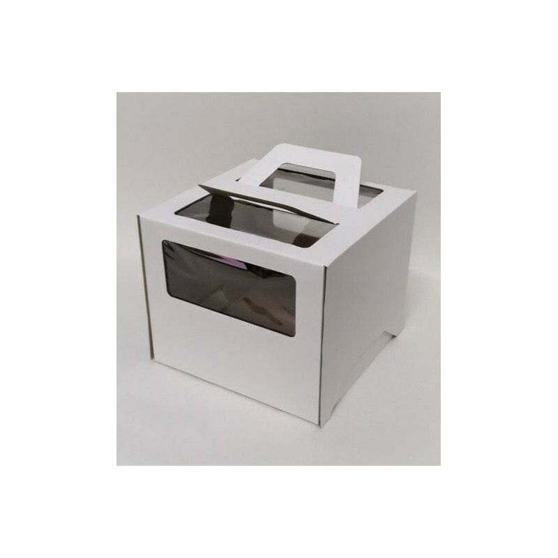 Коробка для торта 200x200x150мм гофрокартон белая с окном с ручками