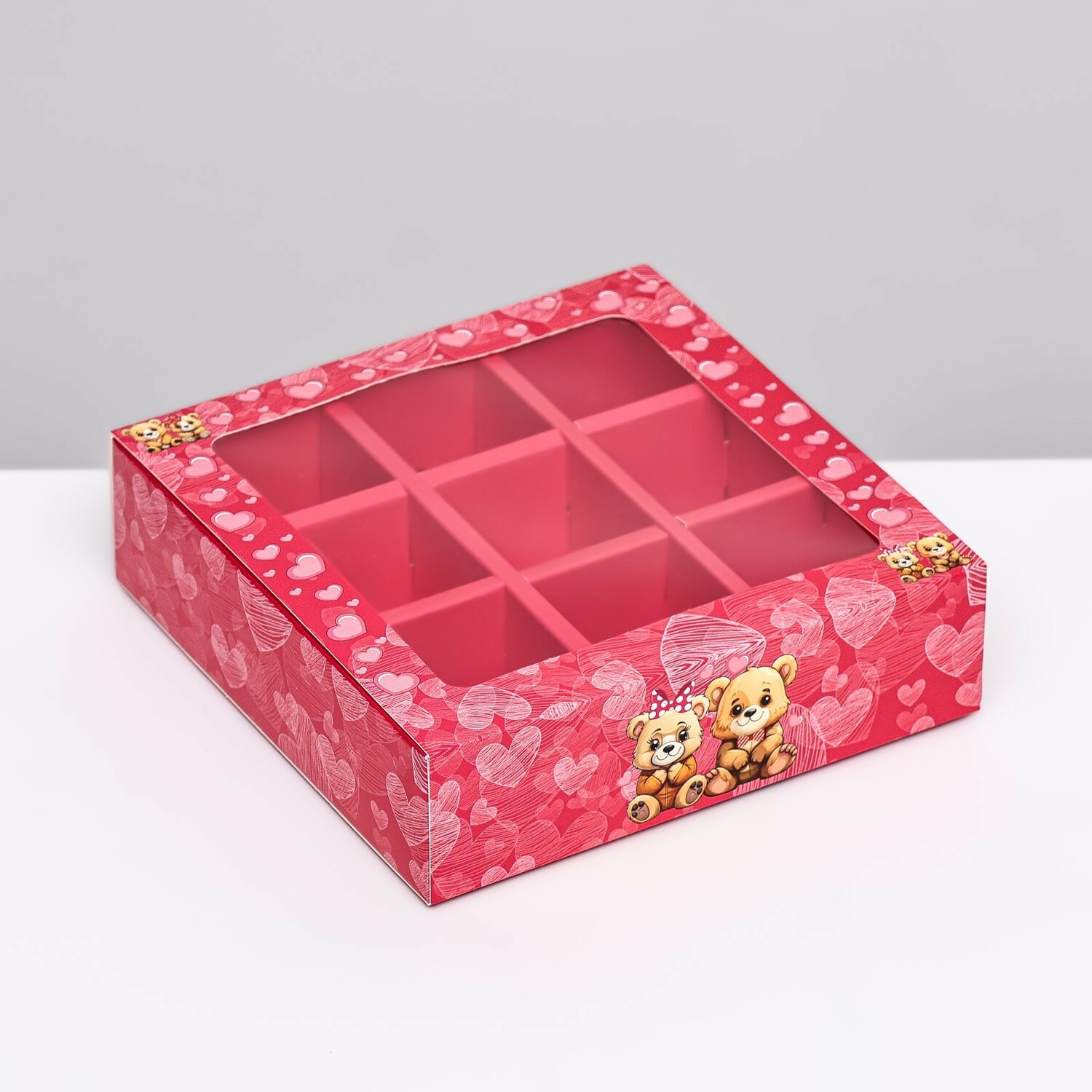 Коробка под 9 конфет с обечайкой, розовая "Мишки" 13,7 х 13,7 х 3,5 см