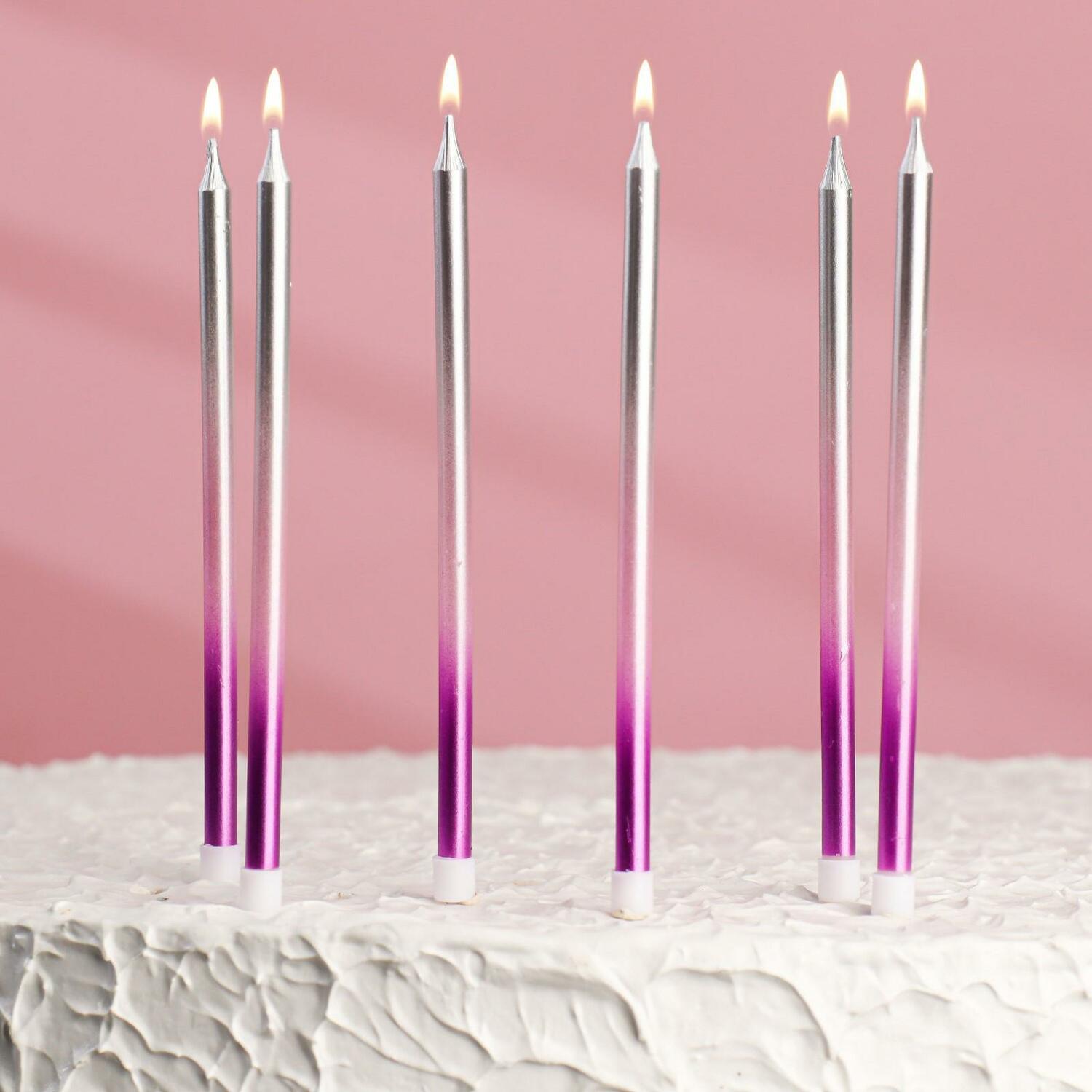 Свечи в торт "С днём рождения" 6 шт, высокие, фиолетовый, розовый, серебро