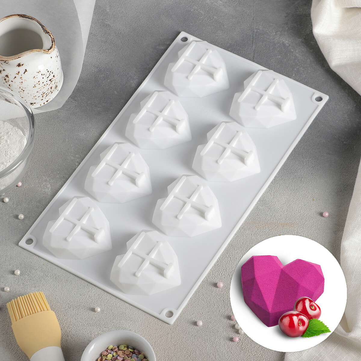 Форма для муссовых десертов и выпечки «Сердце. Геометрия», 29×17 см, 8 ячеек, цвет белый
