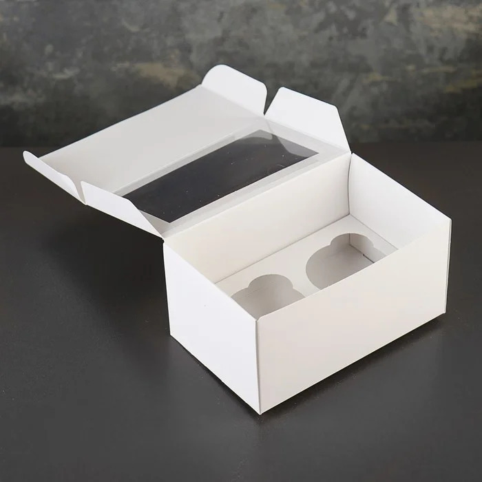 Коробка-моноблок картонная под 2 капкейка, с окном, белая, 16×10×8 см