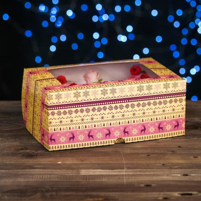 Коробка на 6 капкейков «Вязанка олени», с окном, 25×17×10 см