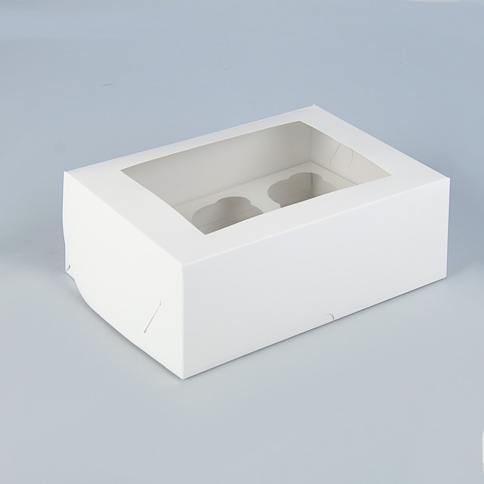 Коробка на 6 капкейков с окном, белая, 25×17×10 см