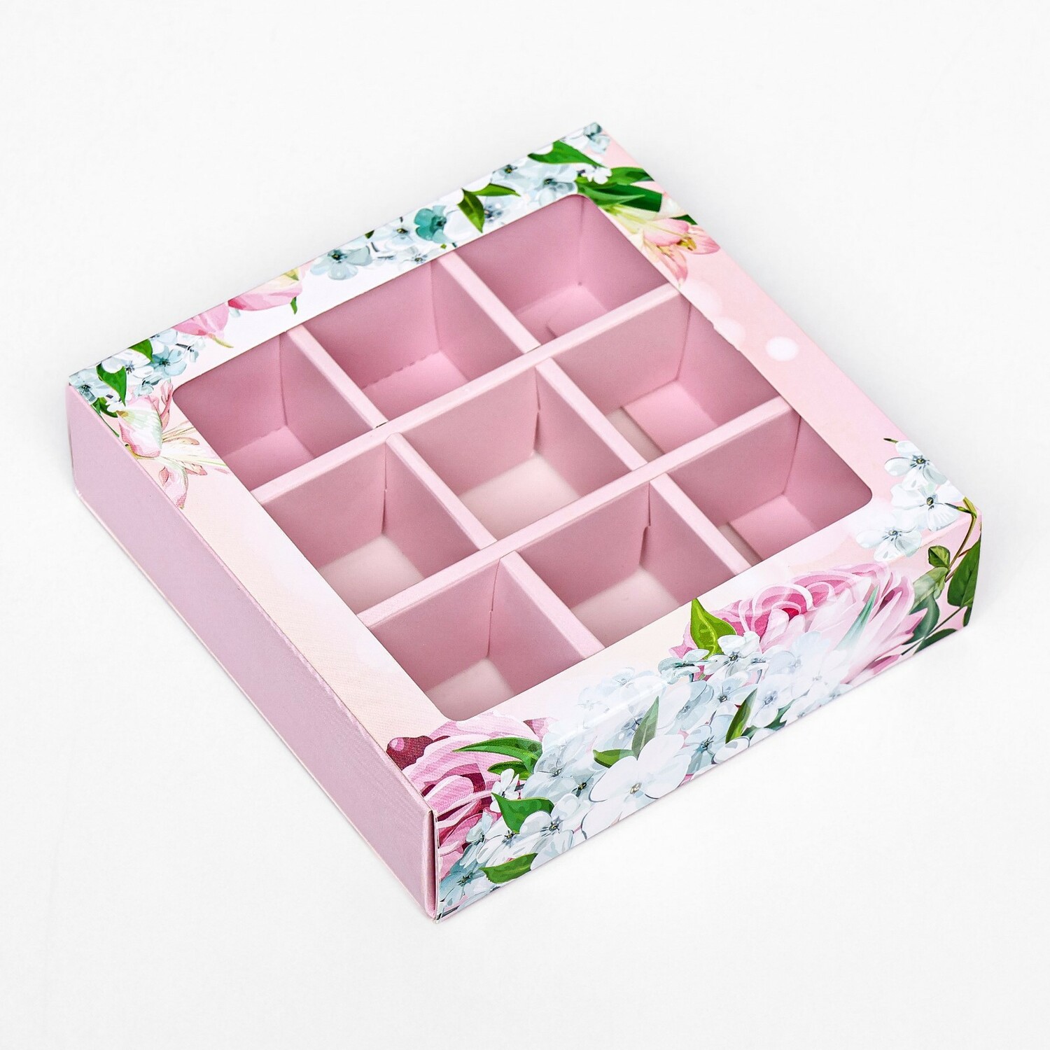 Коробка под 9 конфет с обечайкой , "Цветы" 13,8 х 13,8 х 3,8