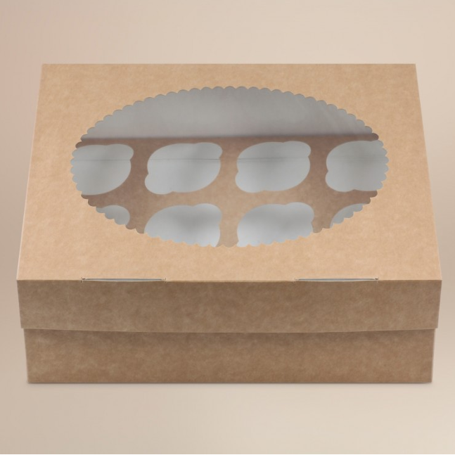 Коробка для капкейков, 350×250×100 мм, на 12 капкейков, с окном, картон, крафт