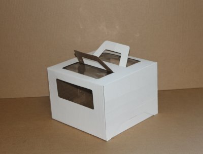 Коробка для торта 200x200x200мм гофрокартон белая с окном с ручками