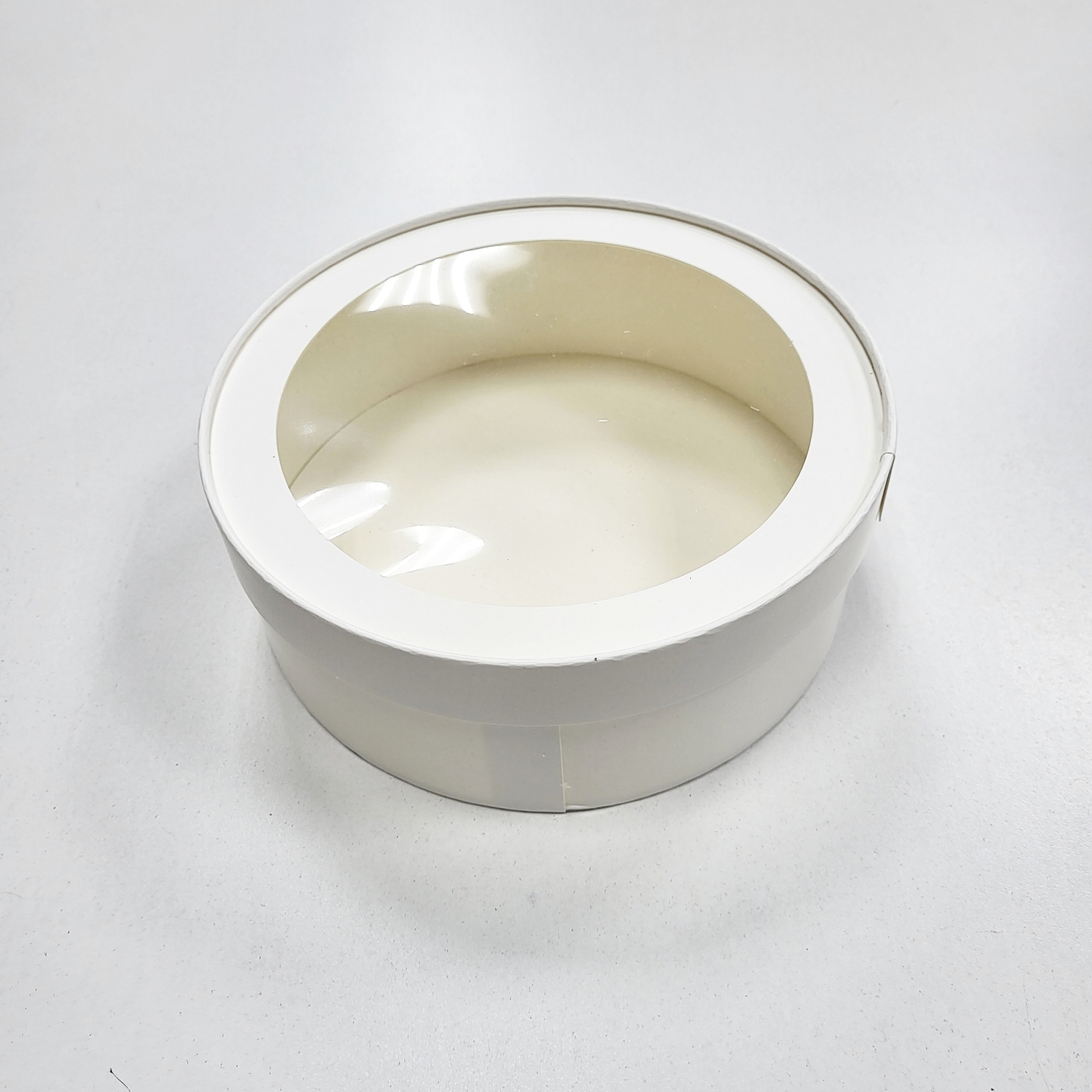 Коробка под зефир, печенье и макароны круглая с окном диам.200мм выс.70 мм (белая)