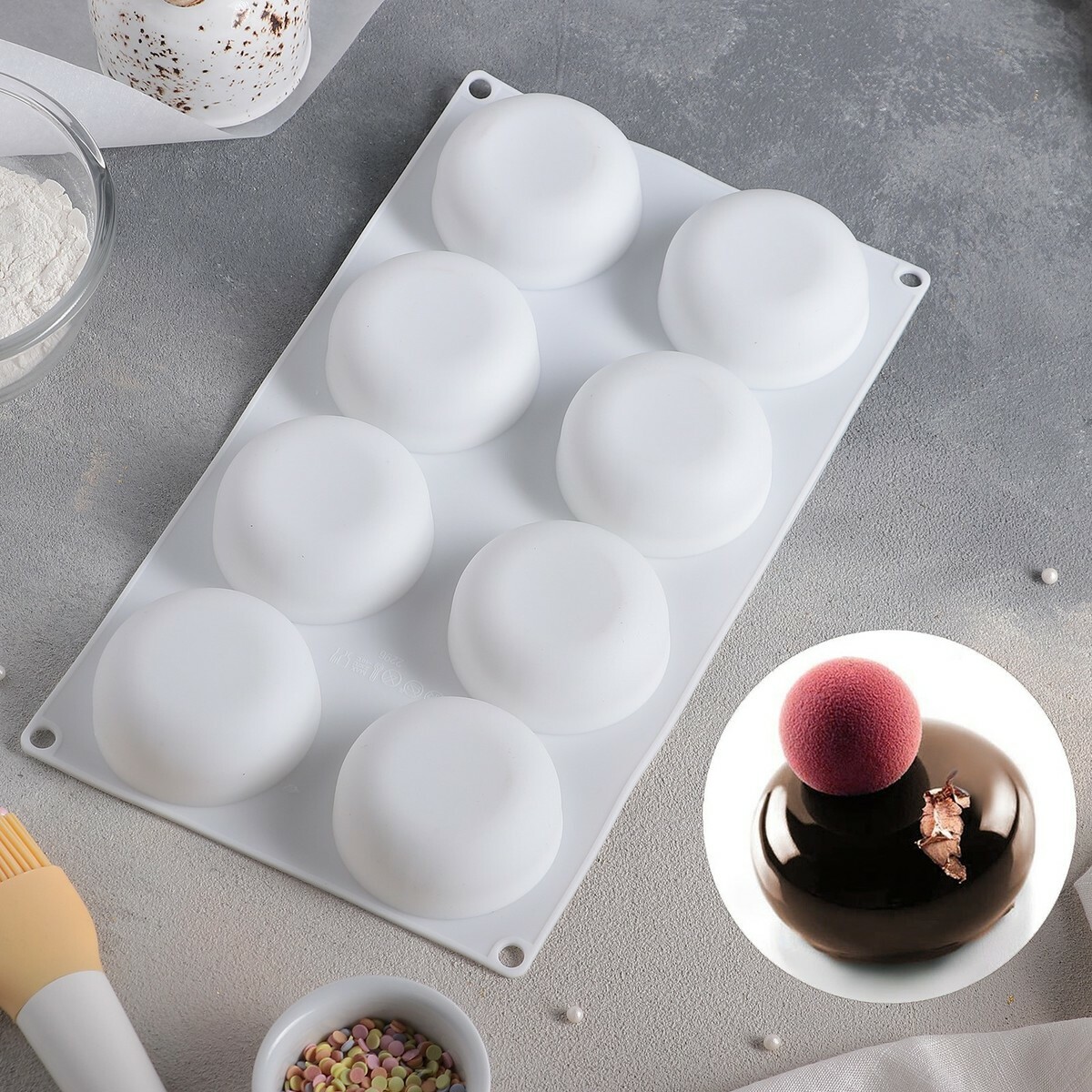 Форма для муссовых десертов и выпечки «Пуэнти», 30×18 см, 8 ячеек (6.6×6.6×3 см), цвет белый