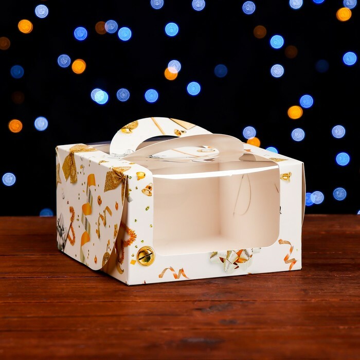 Коробка под бенто-торт с окном "Мандарины и звезды", 14 х 14 х 8 см