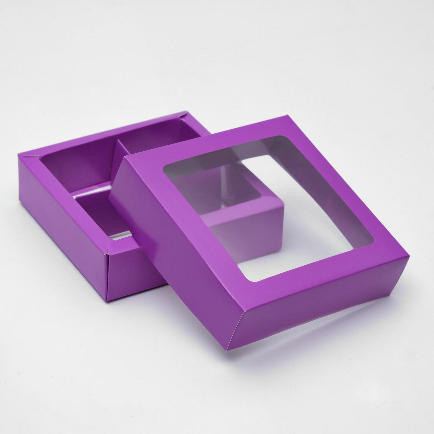 Коробка для конфет 4 шт. с окном, UPAK LAND, фиолетовая, 12,5 х 12,5 х 3,5 см