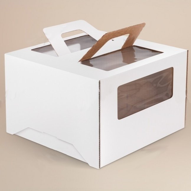 Коробка для торта (гофрокартон, белая) с окном, с ручками, 300×300×190 мм