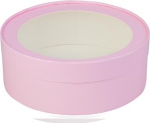 Коробка под зефир, печенье и макароны круглая с окном диам.200мм выс.70 мм (розовая матовая)