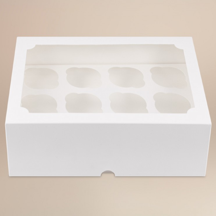 Коробка для капкейков, 350×250×100мм, на 12 капкейков, с окном, целлюлозный картон, белый с односторонним мелованным покрытием