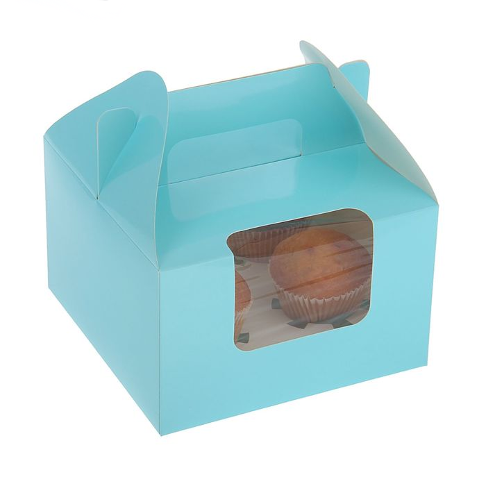Кондитерская упаковка под 4 капкейка с окном, 16×16×10 см, голубая
