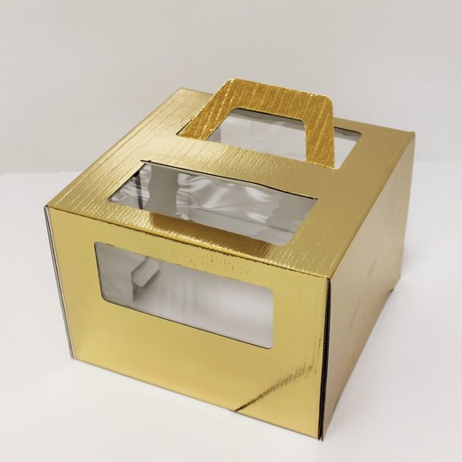 Коробка для торта (микрогофрокартон, золотая) с окном, с ручками, 240×240×200 мм
